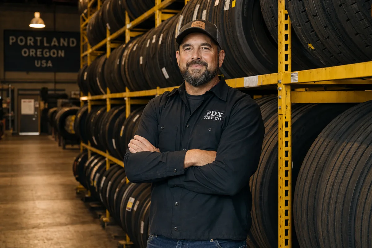 Commercial truck tires being loaded for local Portland delivery