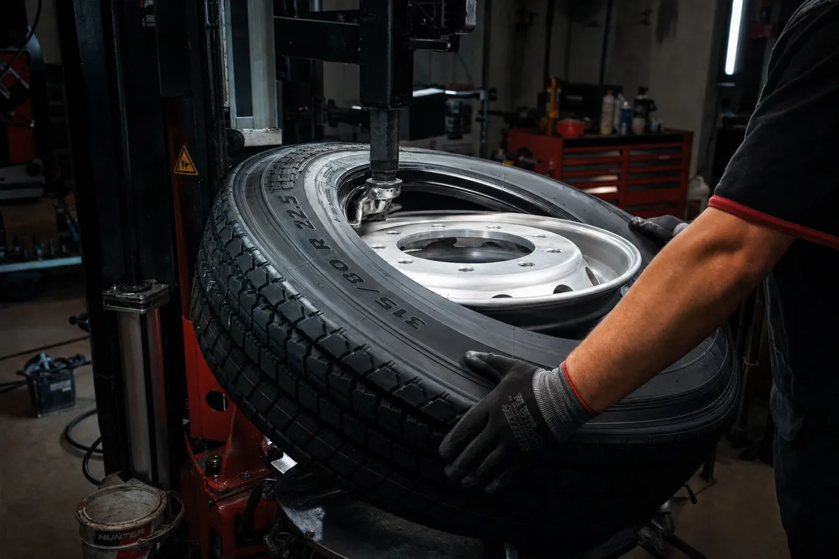 Technician inspecting a commercial truck tire in a fleet yard