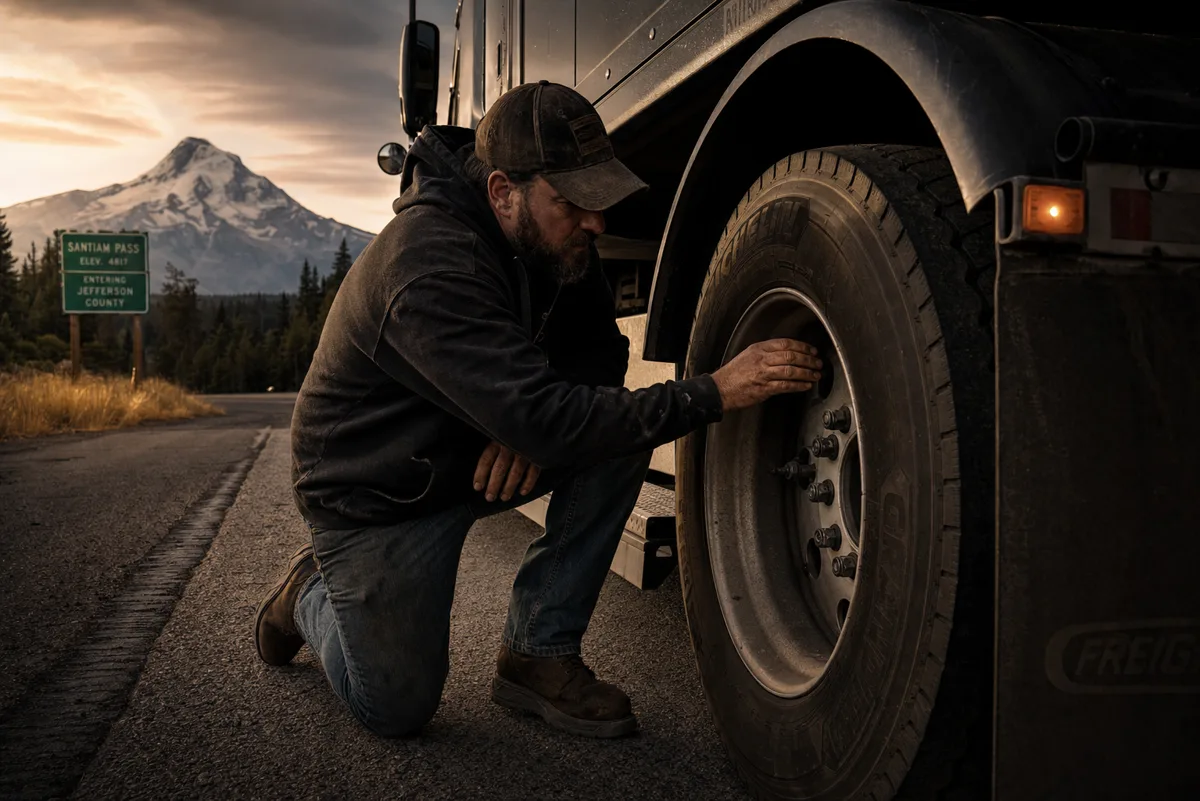 Commercial truck tire being inspected for durability