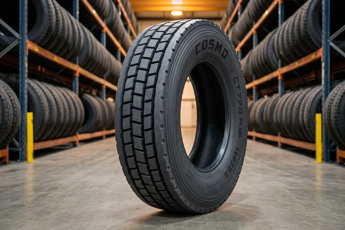 Cosmo CT778+ commercial drive tire, 11R22.5, standing unmounted in the Northwest Truck Tire Supply warehouse aisle with racks of commercial truck tires behind it