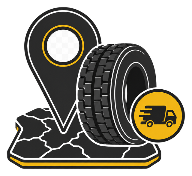 Commercial truck tire with local delivery and map pin icon