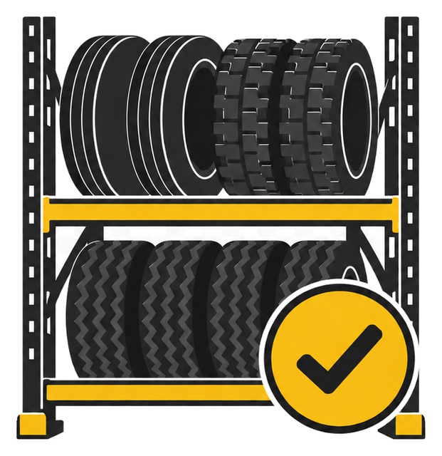Commercial truck tires stored in rack with availability check mark