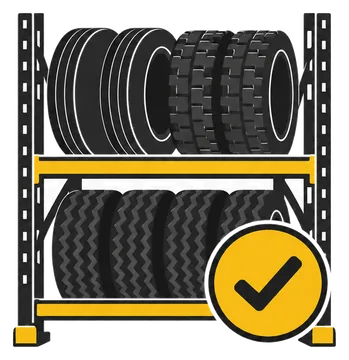 Commercial truck tires stored in rack with availability check mark