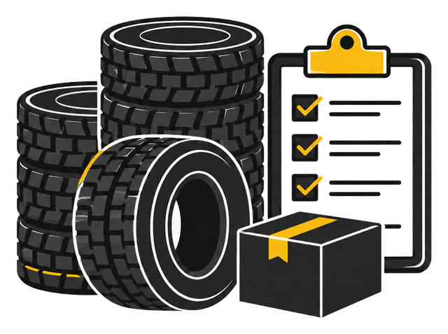 Stacked commercial tires with fleet order checklist icon