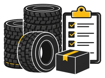 Stacked commercial tires with fleet order checklist icon