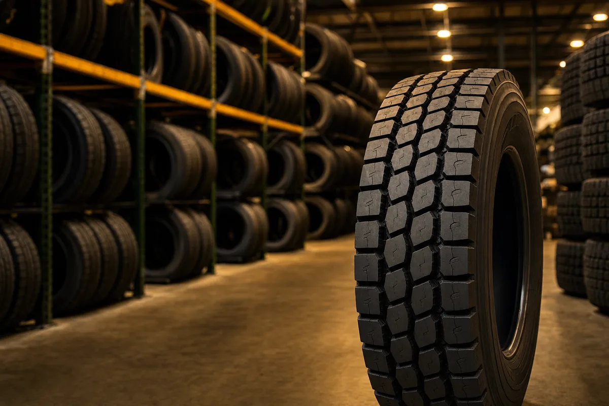 Northwest Truck Tire Supply commercial tire warehouse — rows of commercial truck tires stacked in an organized industrial storage facility