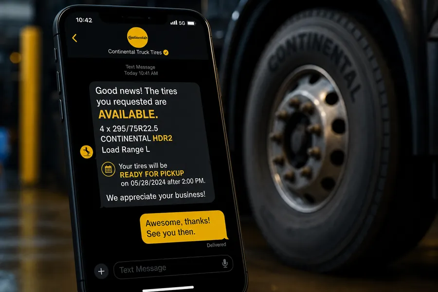 Smartphone showing tire availability confirmation text — stock confirmed before quoting