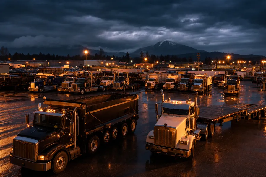 Commercial trucking yard with semi trucks and dump trucks — all fleet sizes served
