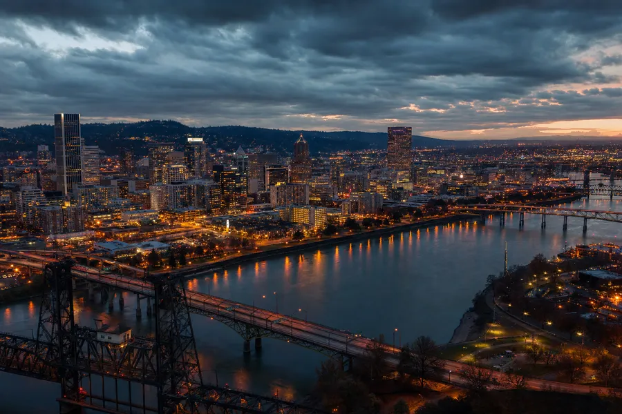 Portland Oregon skyline at dusk — locally operated tire supplier