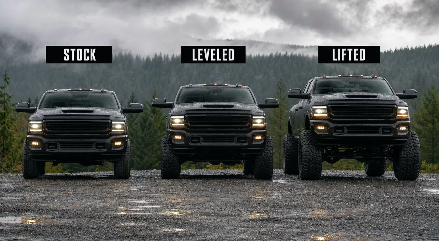 Stock, leveled, and lifted heavy-duty pickups side by side showing how suspension height changes which tire sizes fit
