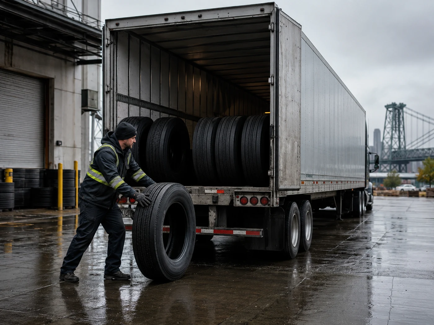 Commercial truck tires loaded for Portland-area delivery