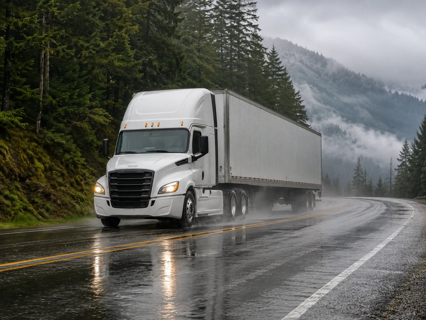 Commercial truck driving on wet Pacific Northwest roads