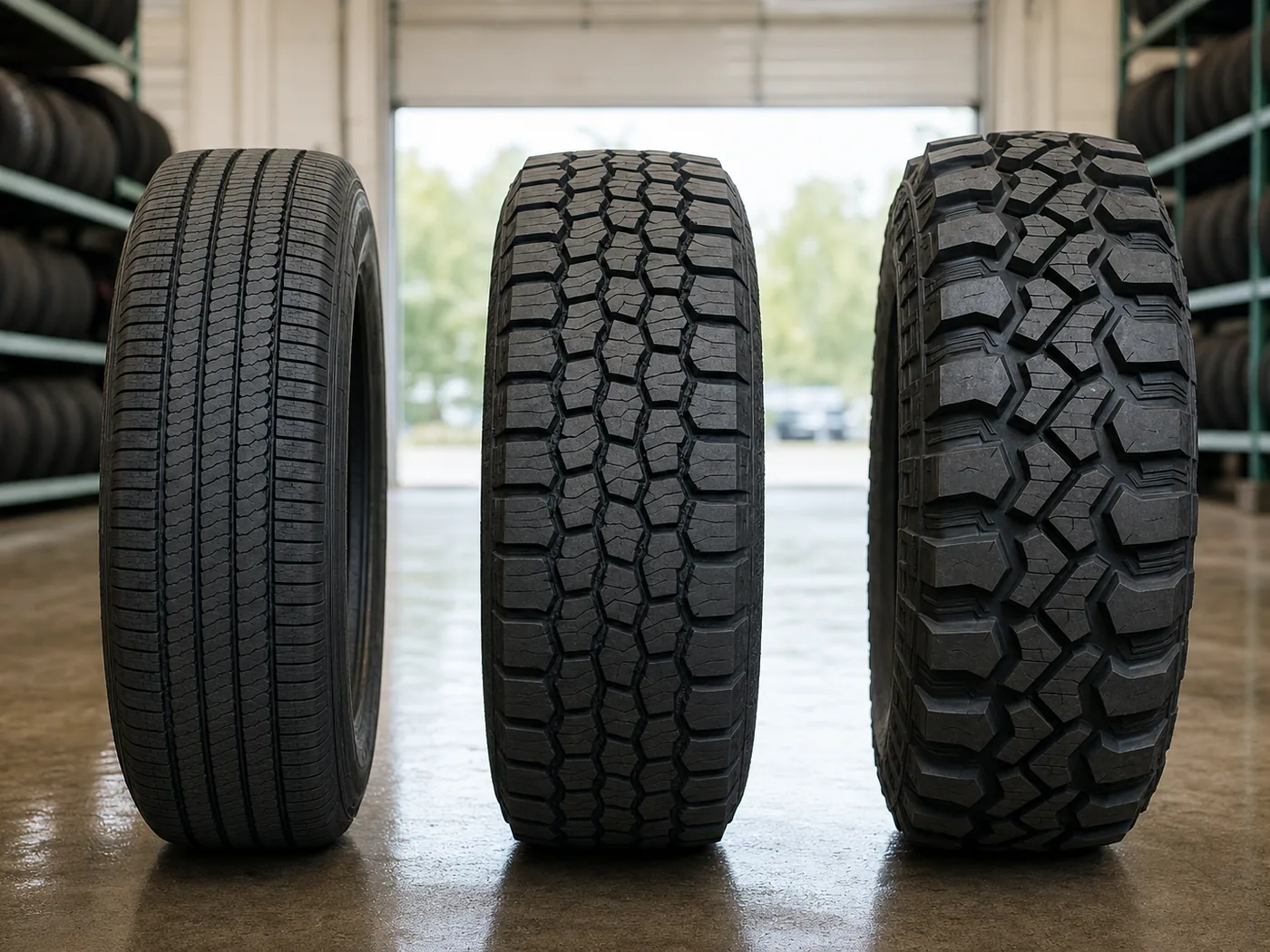 Highway, all-terrain, and mud-terrain light truck tires standing side by side showing the three tread categories compared