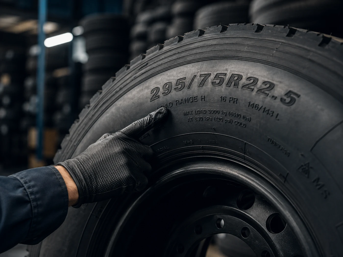 Commercial truck tire sidewall markings close-up