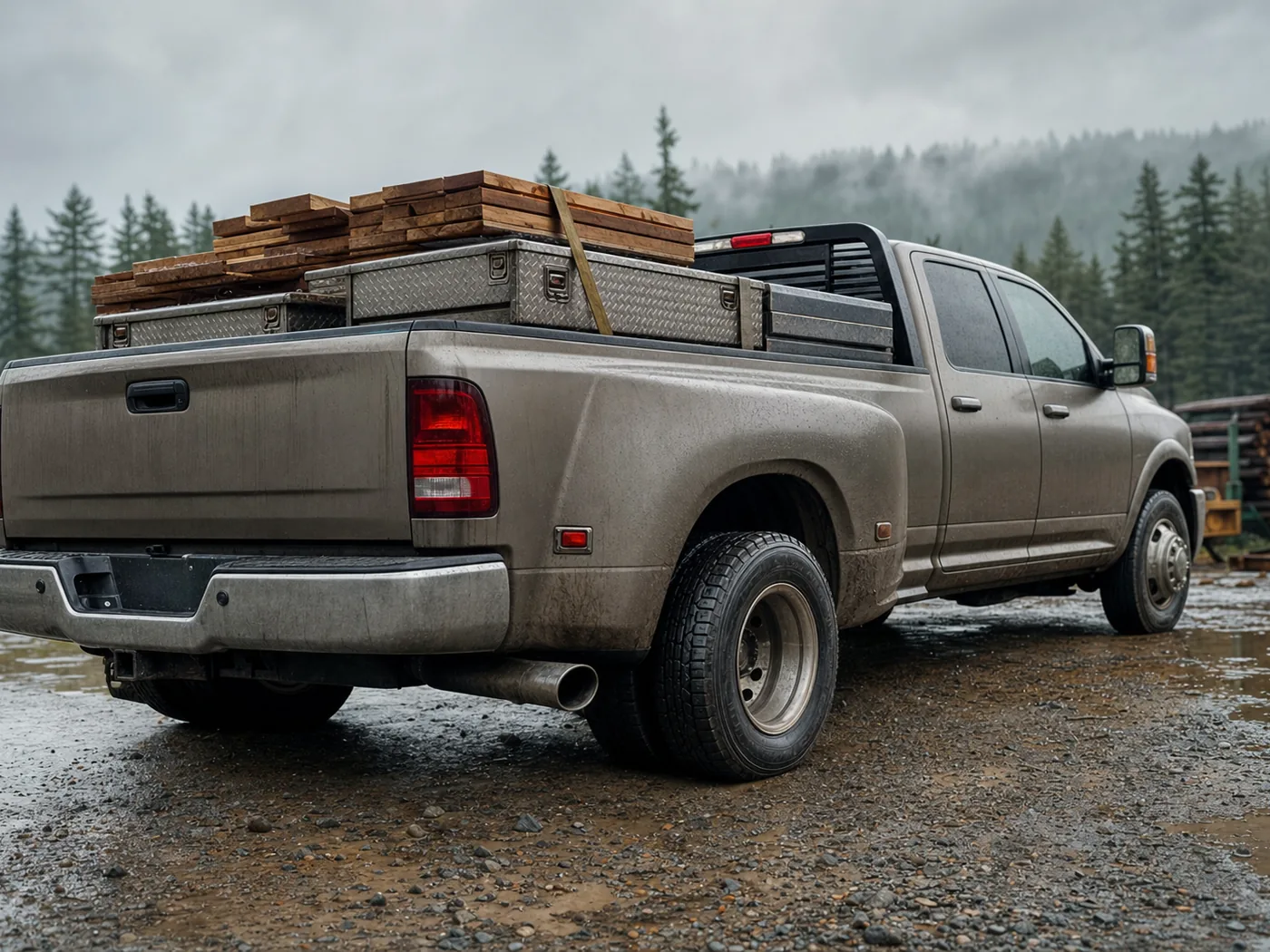 One-ton dually pickup loaded with lumber on a wet Pacific Northwest job site — the working conditions load range E tires are built for