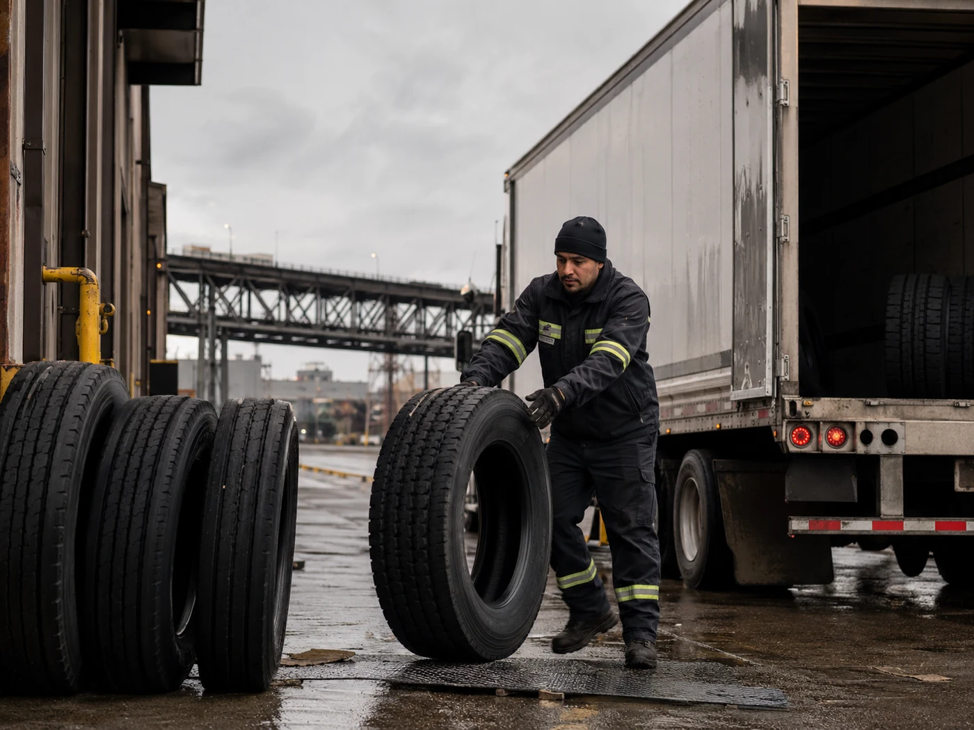 Commercial truck tire inventory being inspected in a warehouse