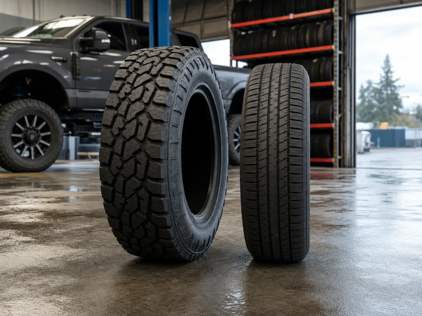 LT all-terrain tire and P-metric passenger tire compared side by side on a tire shop floor with an HD pickup behind them