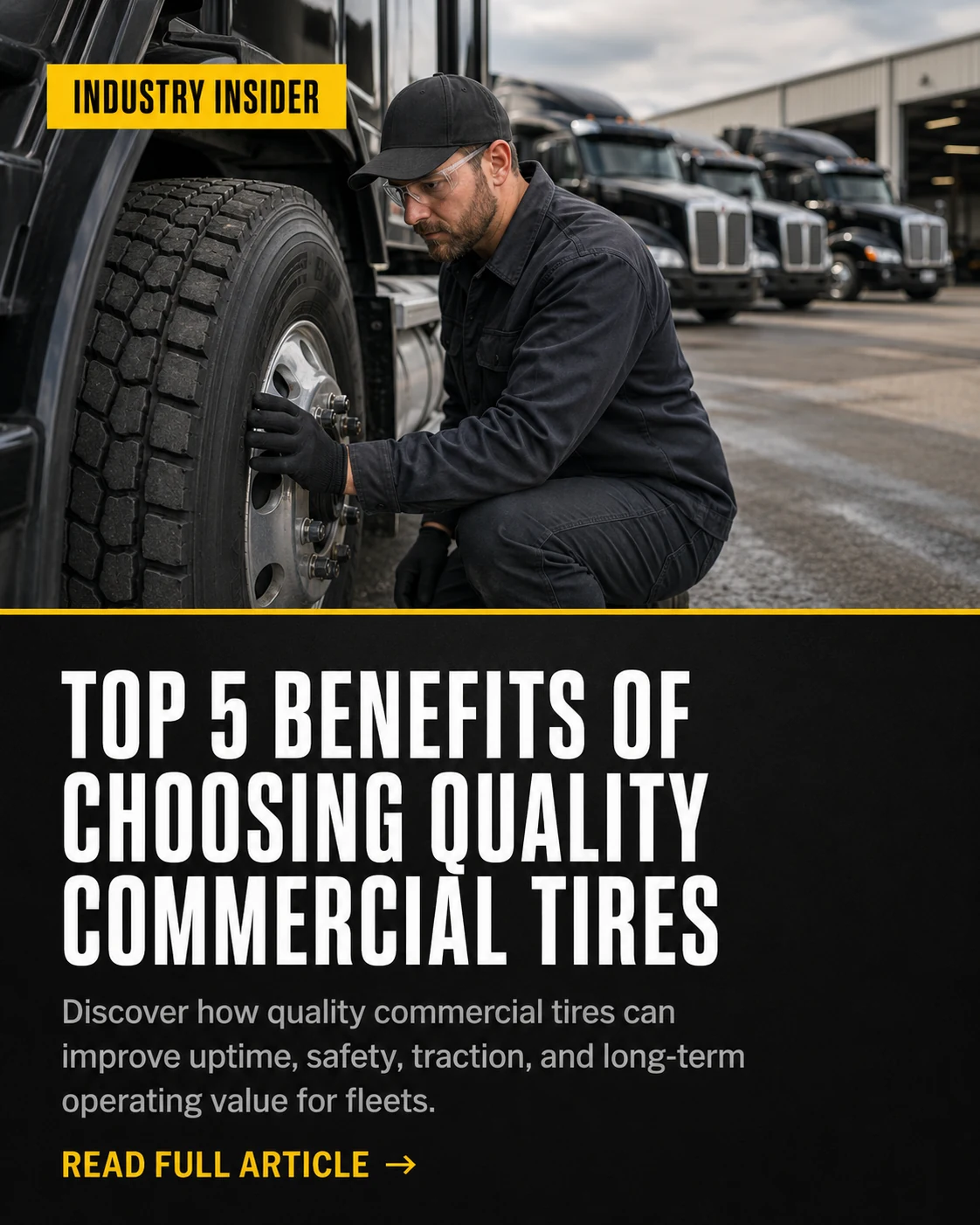 Technician inspecting a commercial truck tire in a fleet yard