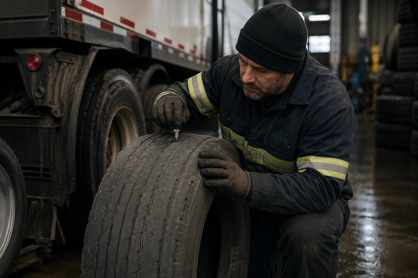 Technician measuring commercial truck tire tread depth