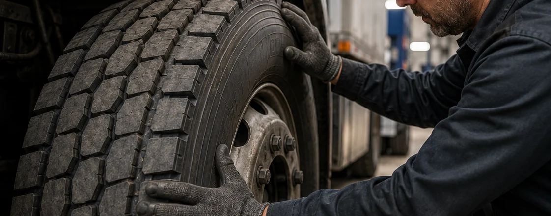 Commercial truck tire being inspected for durability