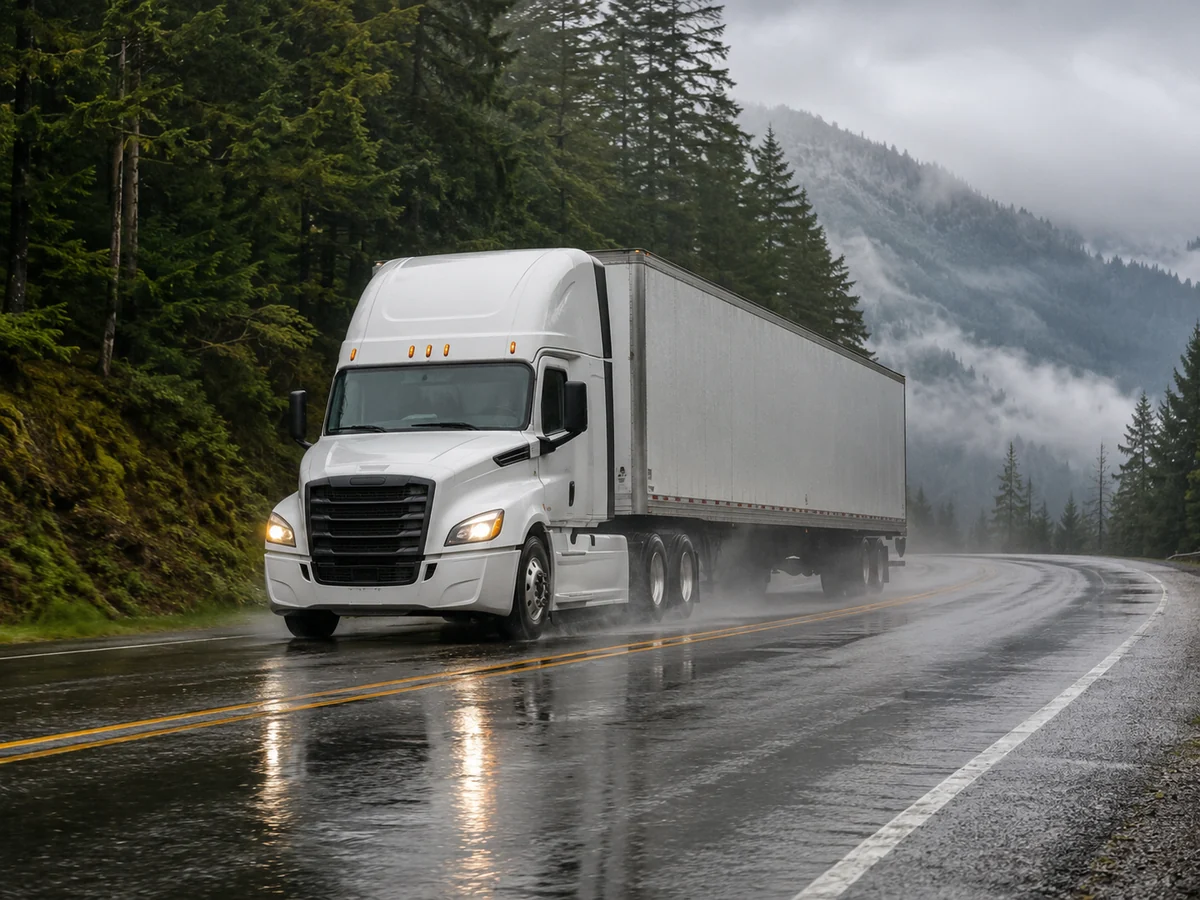 Commercial truck driving on wet Pacific Northwest roads