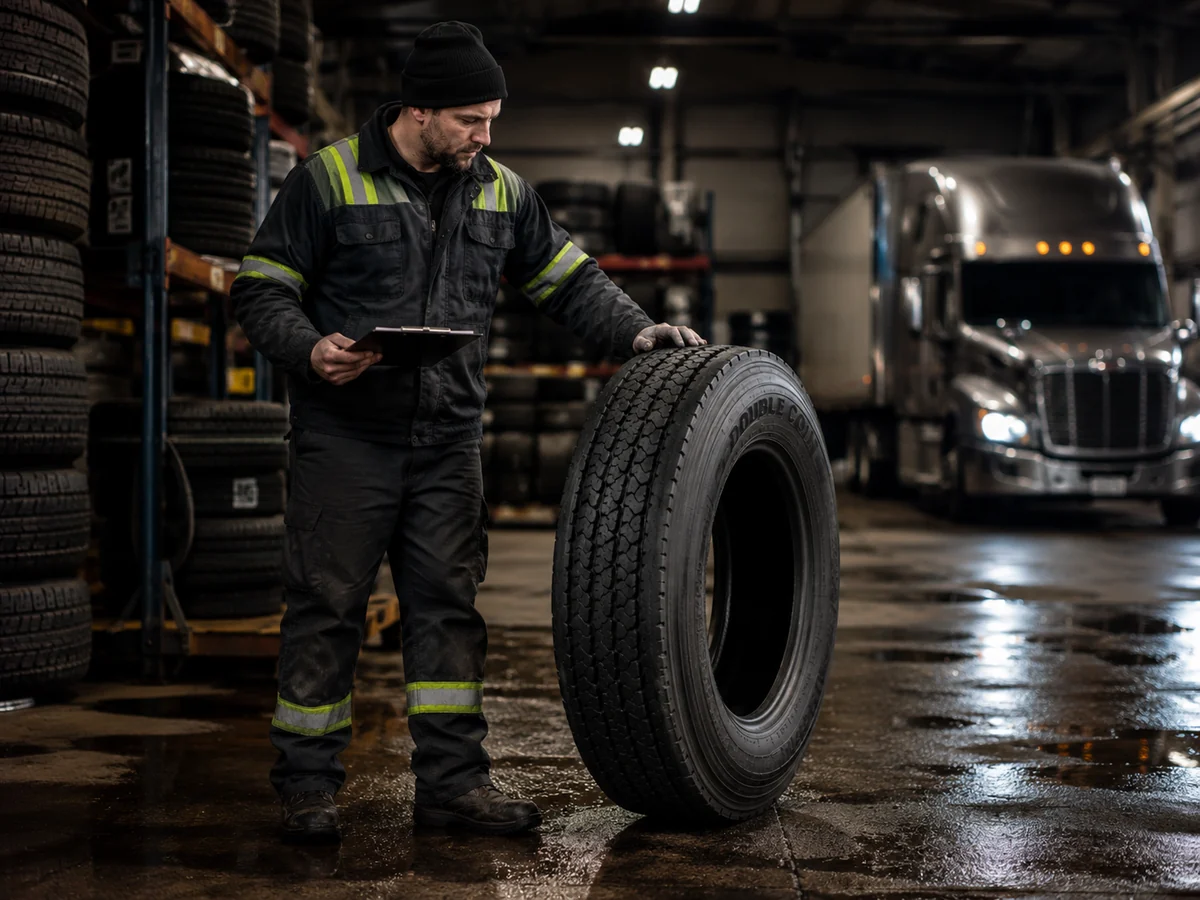 Commercial truck tires being inspected in an industrial warehouse