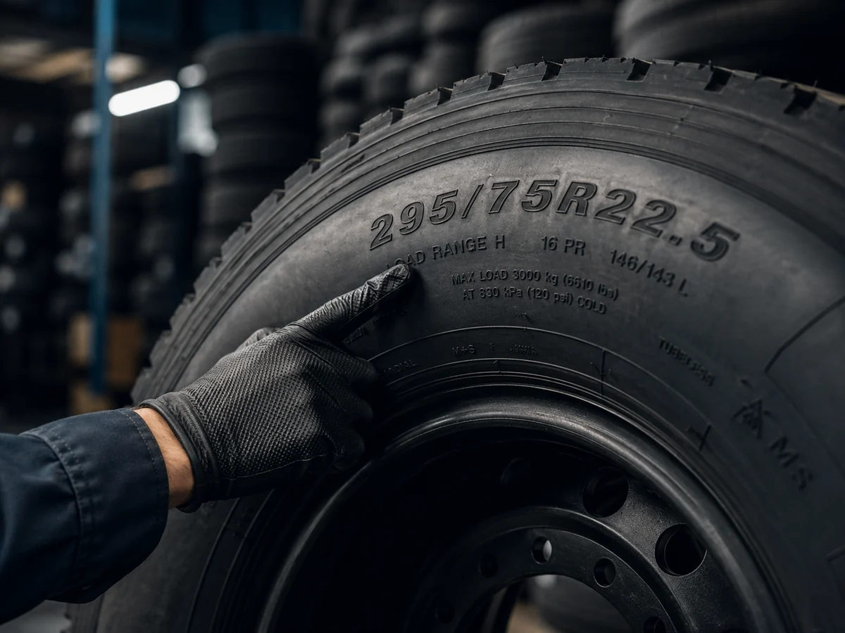 Commercial truck tire sidewall markings close-up