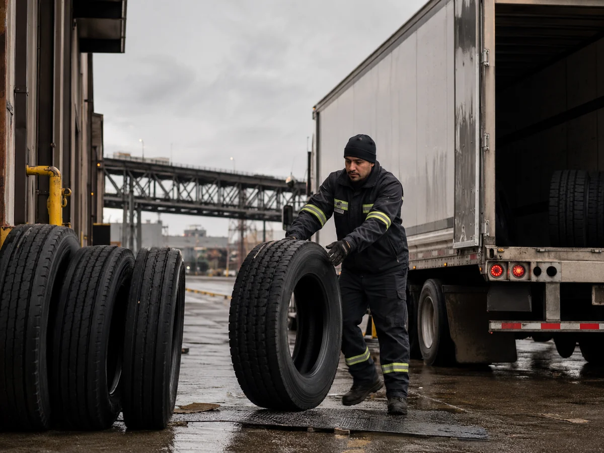 Commercial truck tire inventory being inspected in a warehouse