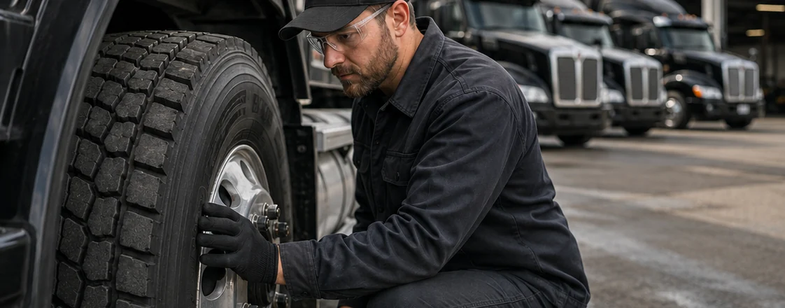 Technician inspecting a commercial truck tire in a fleet yard