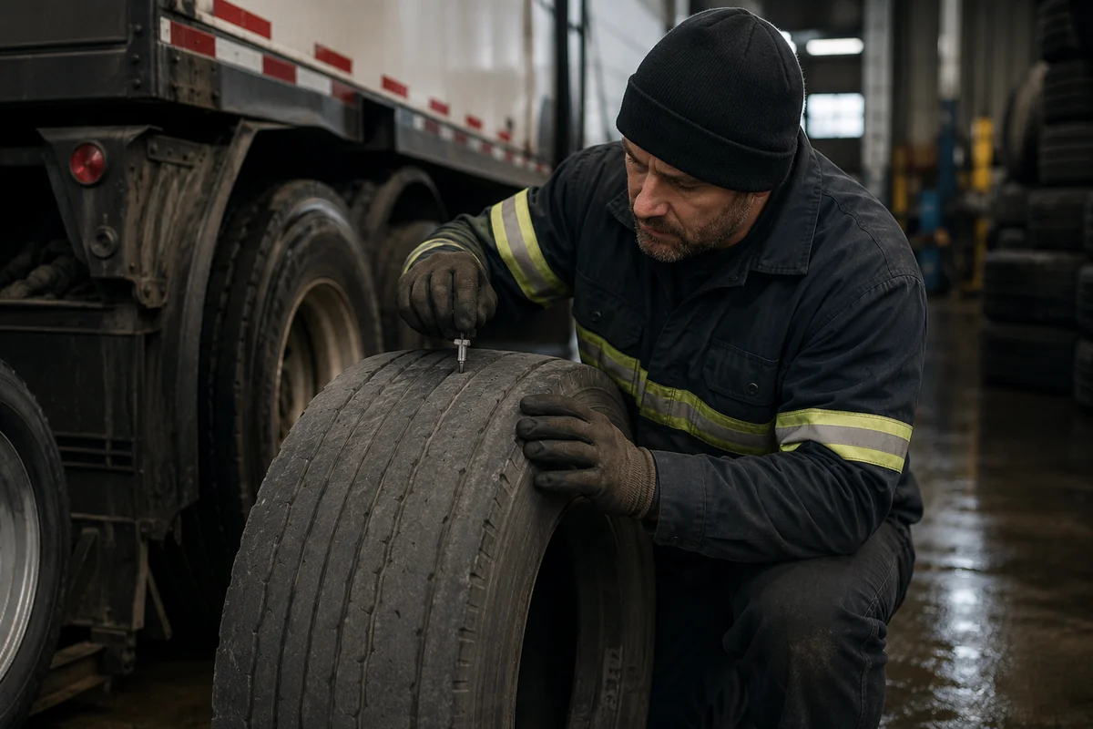 Technician measuring commercial truck tire tread depth